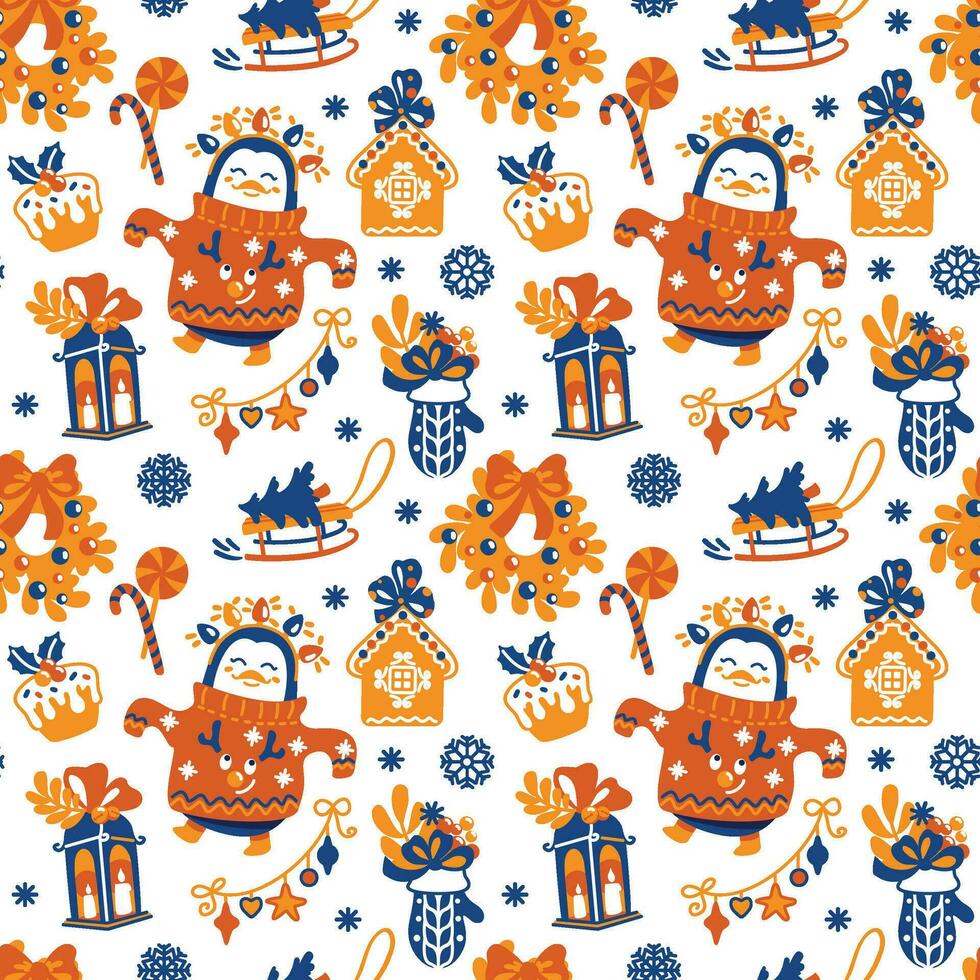 Cute penguins wearing an ugly Christmas sweaters enjoying the Christmas routine. Seamless pattern. Vector. vector