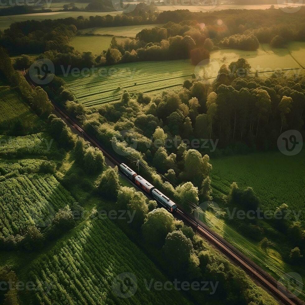 An aerial view of a train passing through a lush countryside generative ai photo