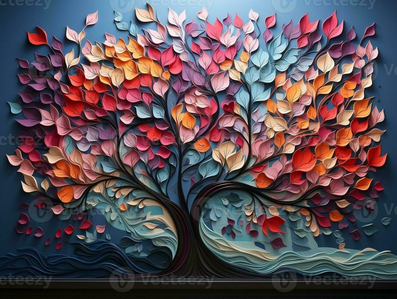 vistoso árbol con vibrante hojas colgando ramas ilustración antecedentes 3d abstracción fondo de pantalla para interior mural pintura pared Arte decoración generativo ai foto
