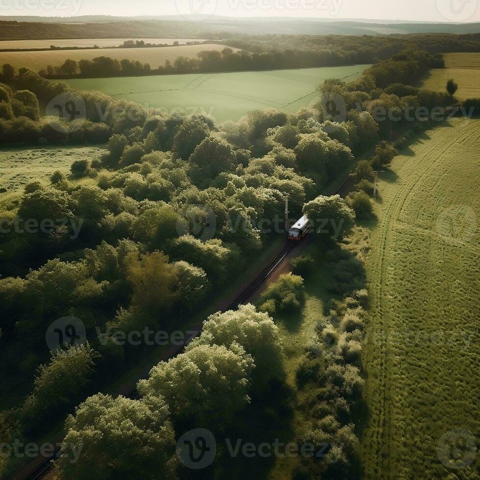 An aerial view of a train passing through a lush countryside generative ai photo