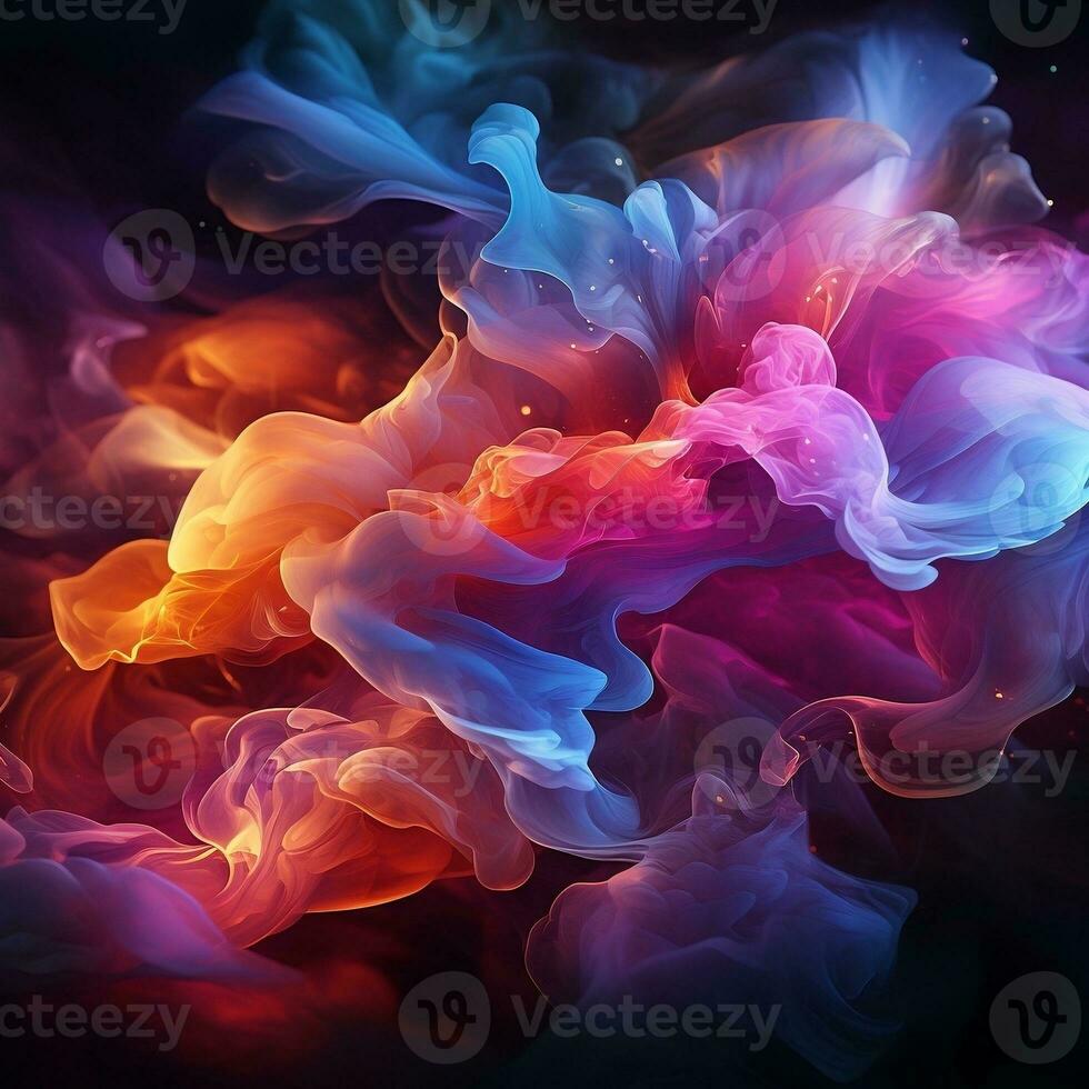 Abstract multicolored spreading bright Neon lighted smoke texture background generative ai photo
