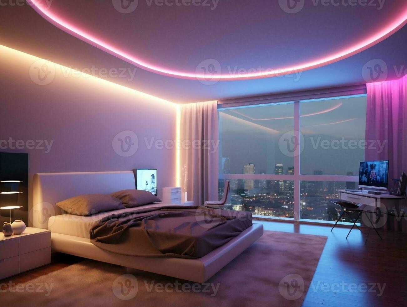 3D modern bedroom with multicolored led strip lights generative ai photo