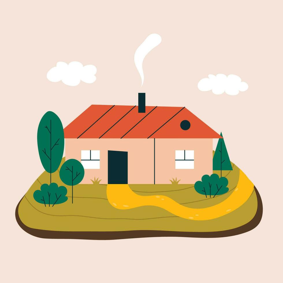 linda pequeño país casa con puerta, ventanas y ático. exterior de hogar con Chimenea y fumar. pueblo cabaña entre arboles de colores plano vector ilustración aislado en blanco antecedentes