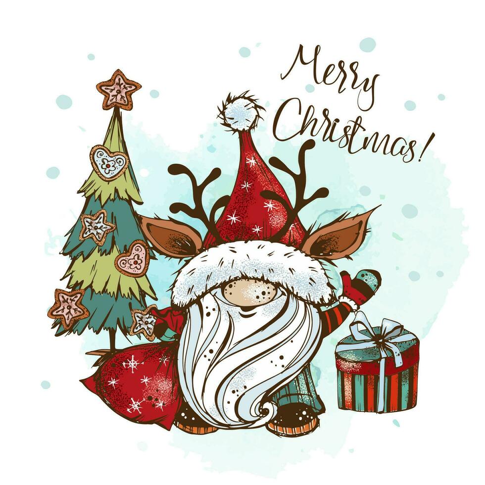Cute Christmas gnome with gifts in Doodle style. Greeting card. Vector. vector
