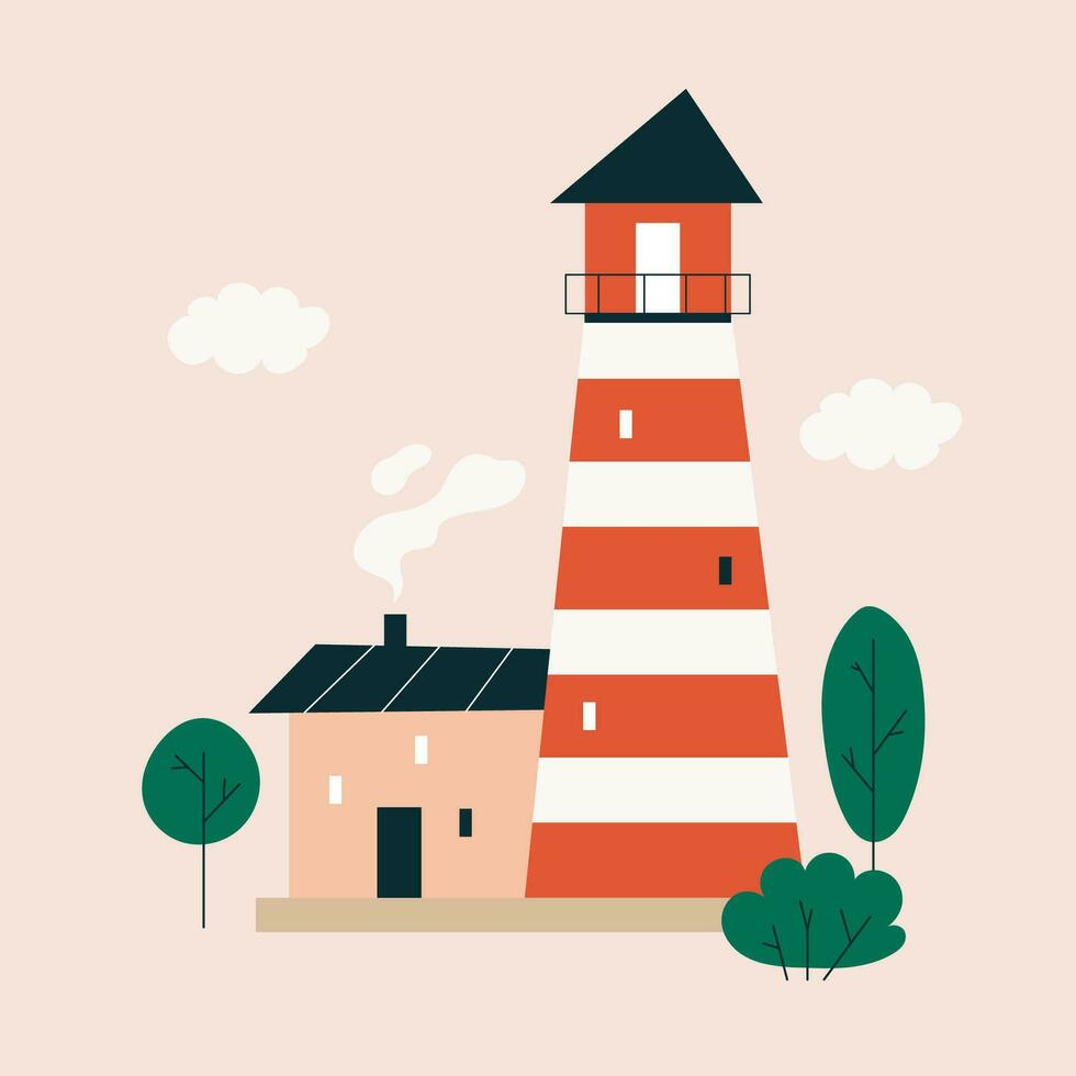 Cute lighthouse surrounded by green trees and white clouds. Simple illustration in flat style. Scandinavian lighthouse with windows and smoke from a chimney. Vector stock illustration.