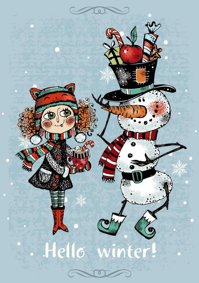 Hola invierno. Navidad tarjeta con un linda niña y un muñeco de nieve. vector. vector