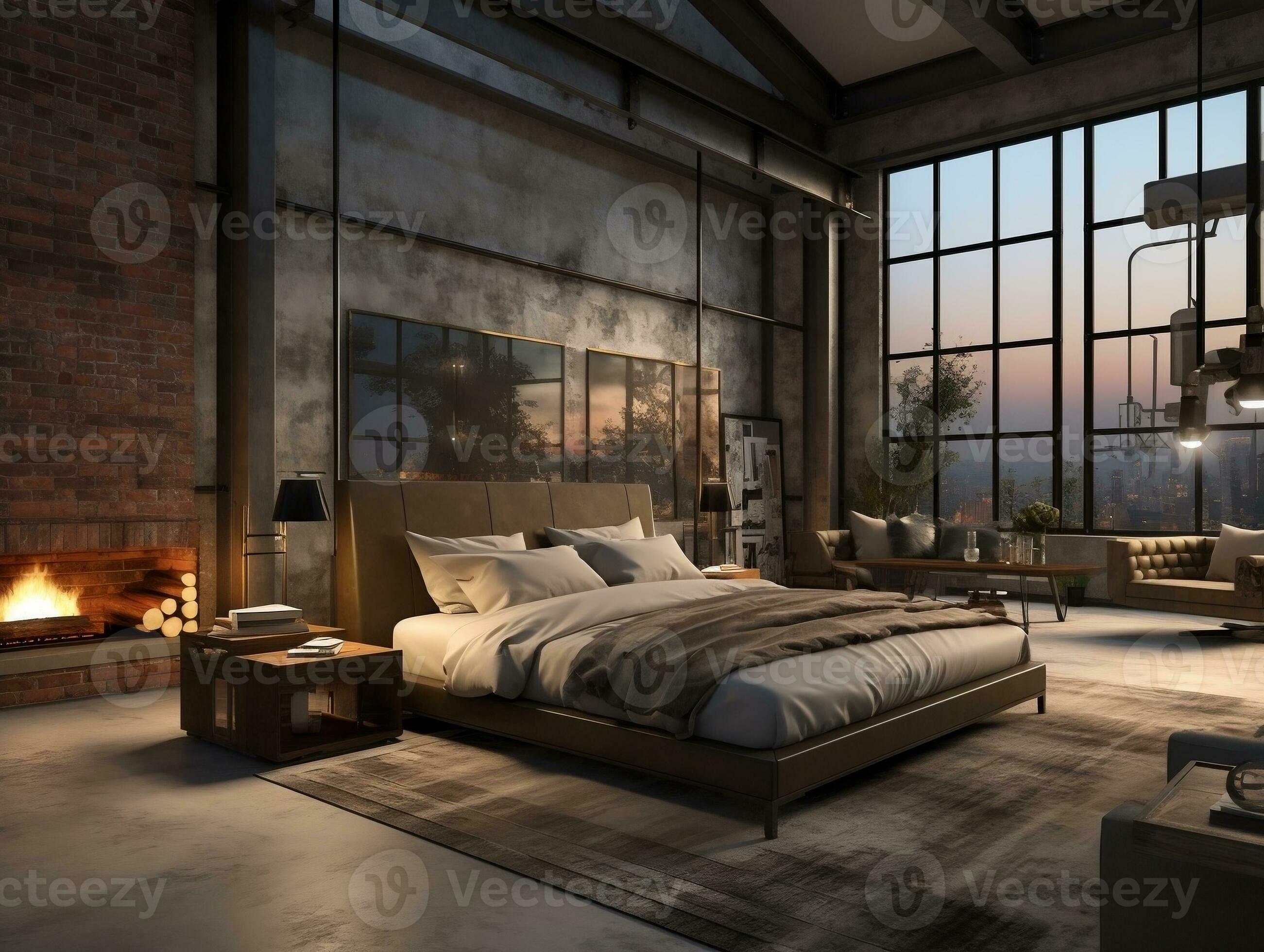Interior of luxury bedroom inside a luxury industrial home generative ...