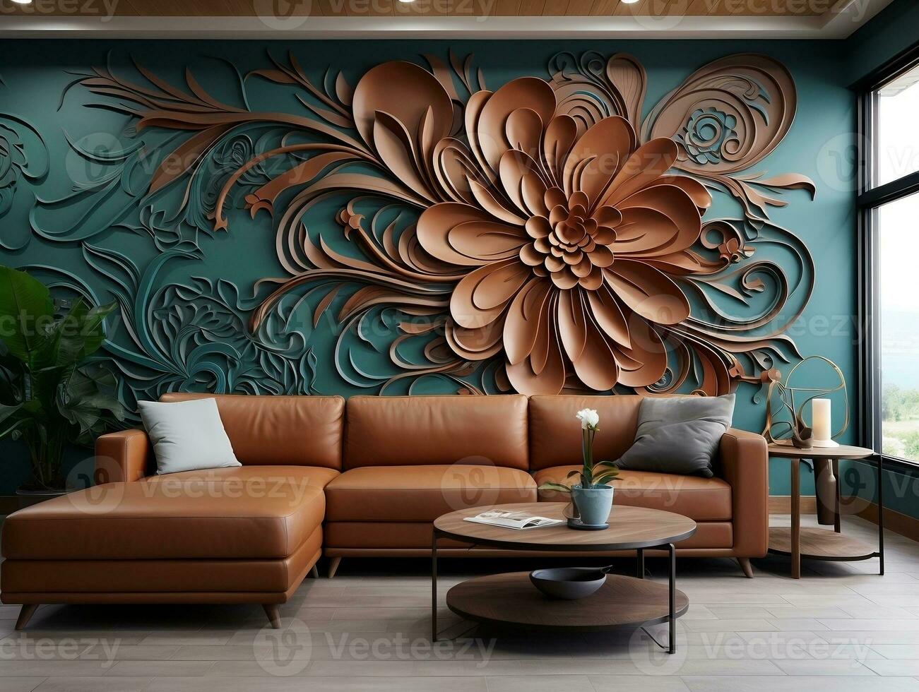 Chocolate color seamless floral pattern with flowers abstract fractal illustration background. 3d modern interior design wall art decor generative ai photo