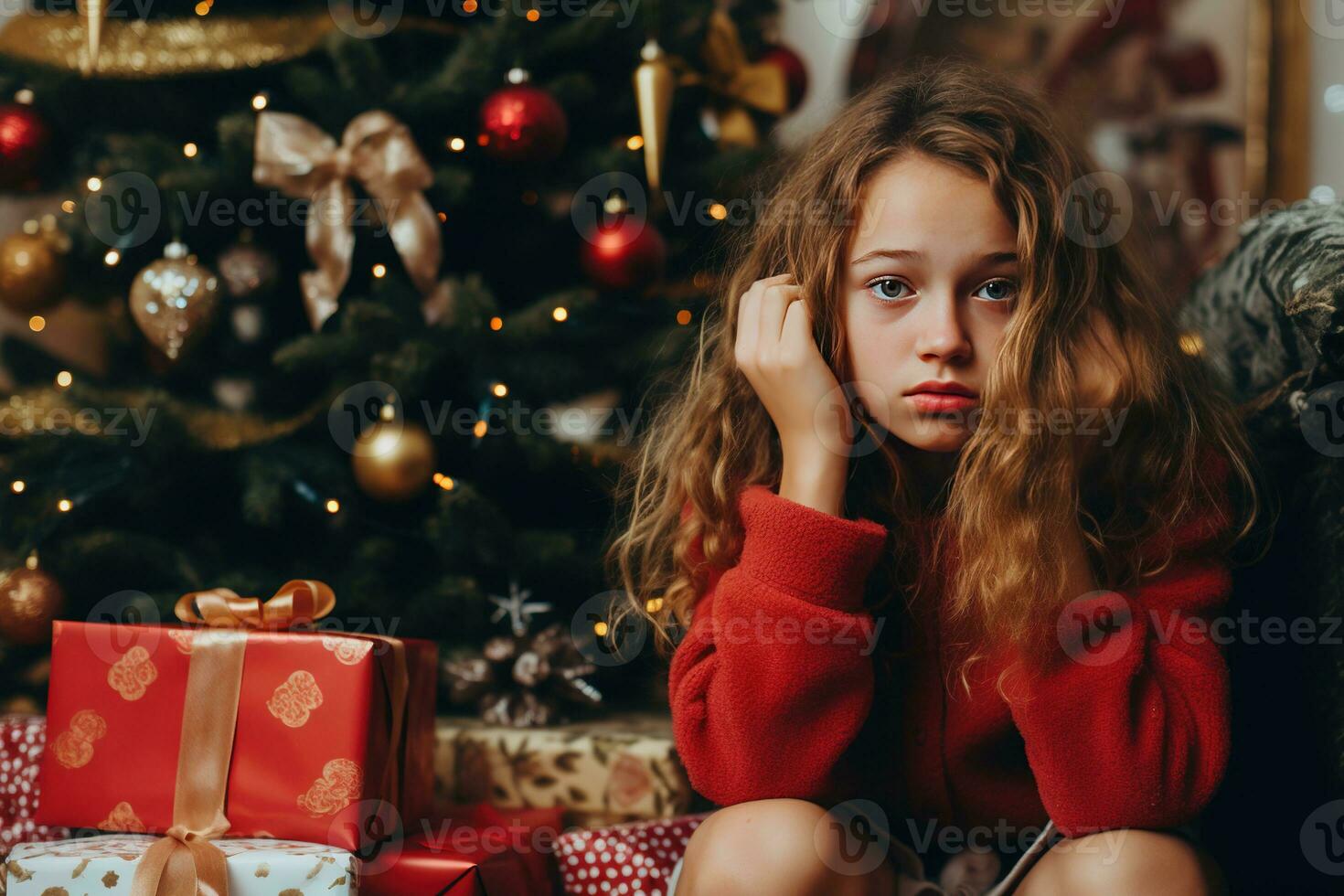 Serious sad little girl is sitting in front of a Christmas tree Generative AI photo