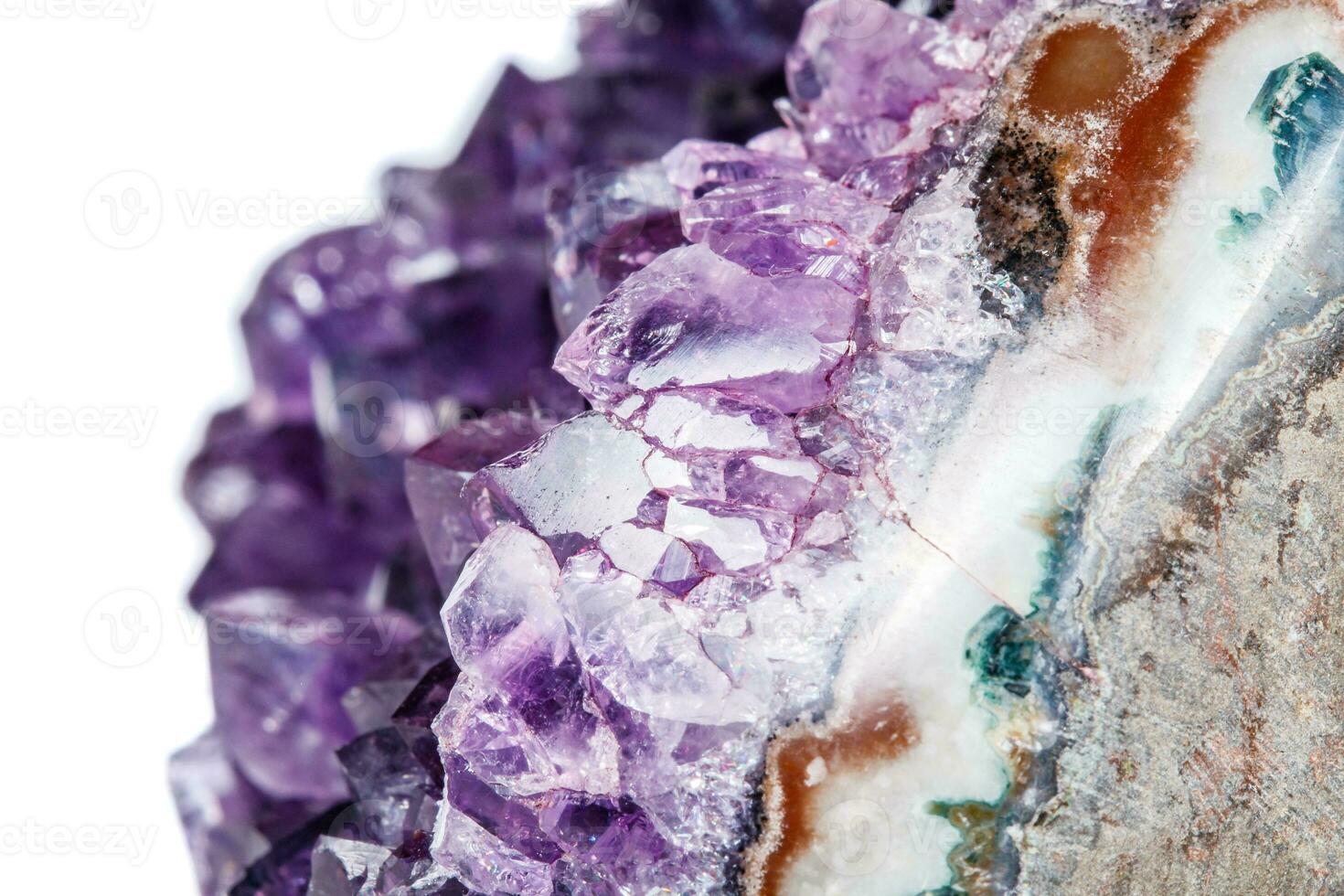 Amethyst Crystal Druse  macro mineral on white background photo