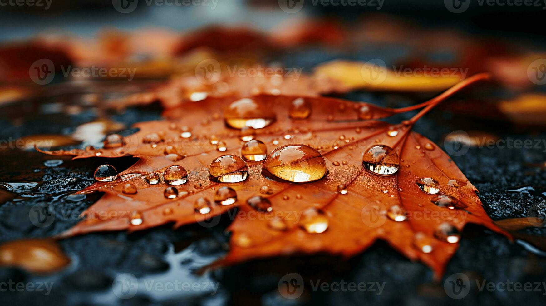 ai generative Closeup image of autumn leaves with rain drops on the ground photo