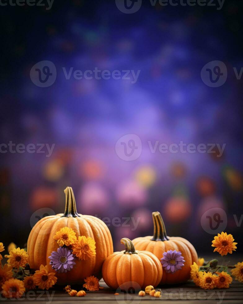 ai generative Copy space, banner, template. Floral Thanksgiving arrangement with pumpkin on blurry background photo