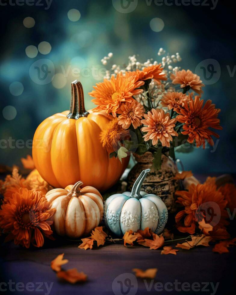 ai generative Copy space, banner, template. Floral Thanksgiving arrangement with pumpkin on blurry background photo