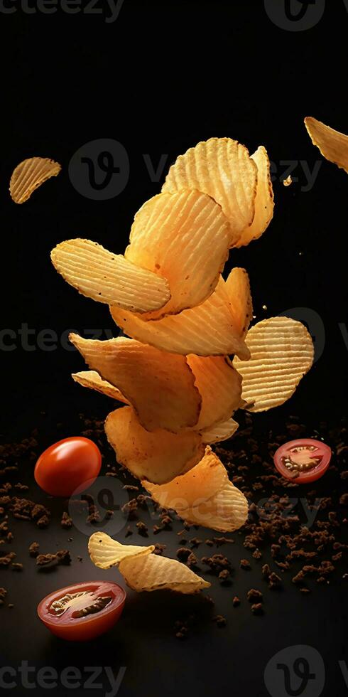 Wave cut potato chips flying in the air with cherry tomato on dark background. Created with Generative AI technology photo