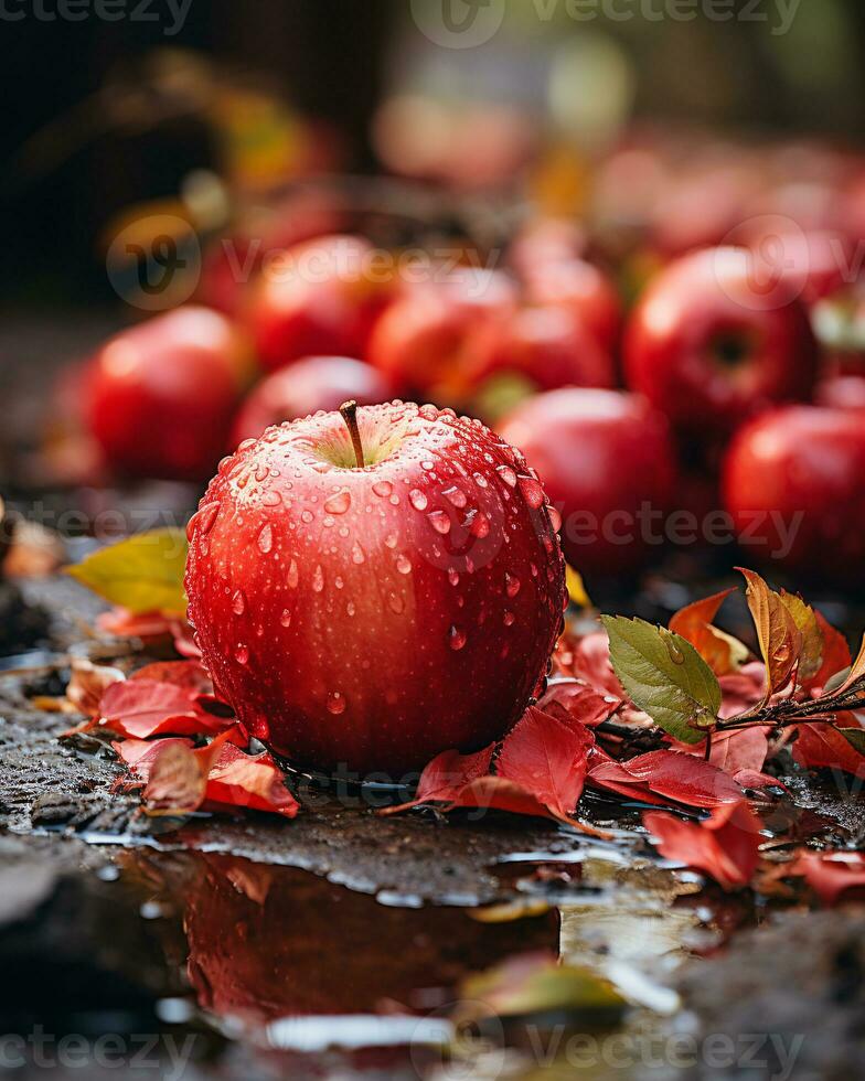 ai generative red apple on the tree with water droplets close up on ground photo