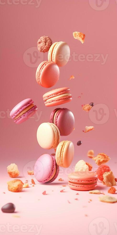 vistoso macarons flotante en aire en rosado antecedentes. creado con generativo ai tecnología foto