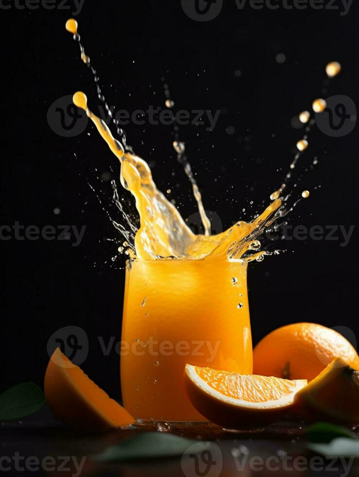 Orange juice splashing out from the glass surrounded by orange slices on dark background. Created with Generative AI technology photo