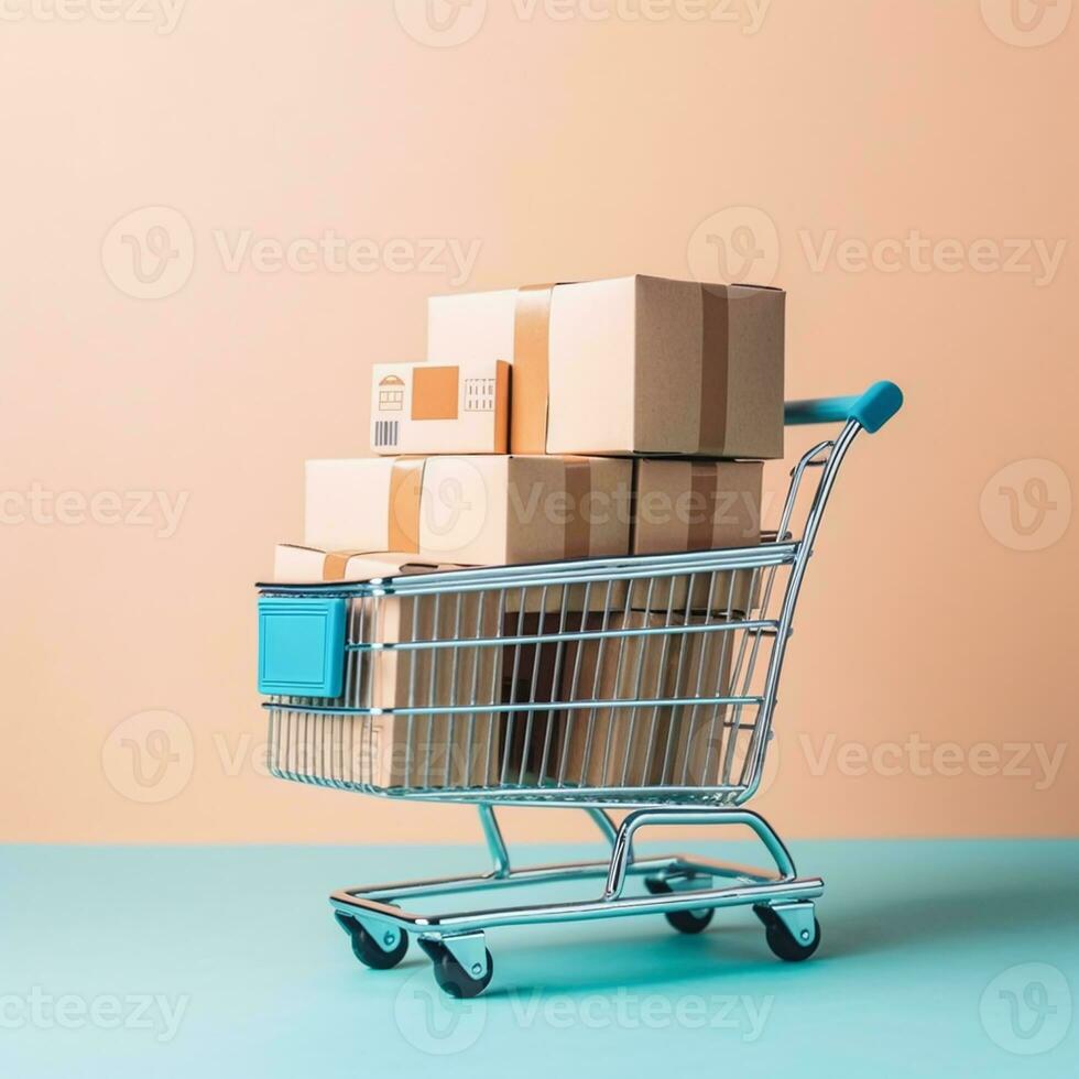 Shopping cart with stack of packages on light orange and blue background. Created with Generative AI technology photo