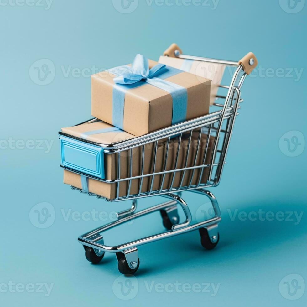 Shopping cart with stack of gifts wrapped in blue ribbon on blue background. Created with Generative AI technology photo