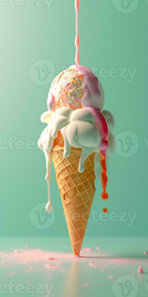 Sauce dripping on top of ice cream cone on mint green background. Created with Generative AI technology photo