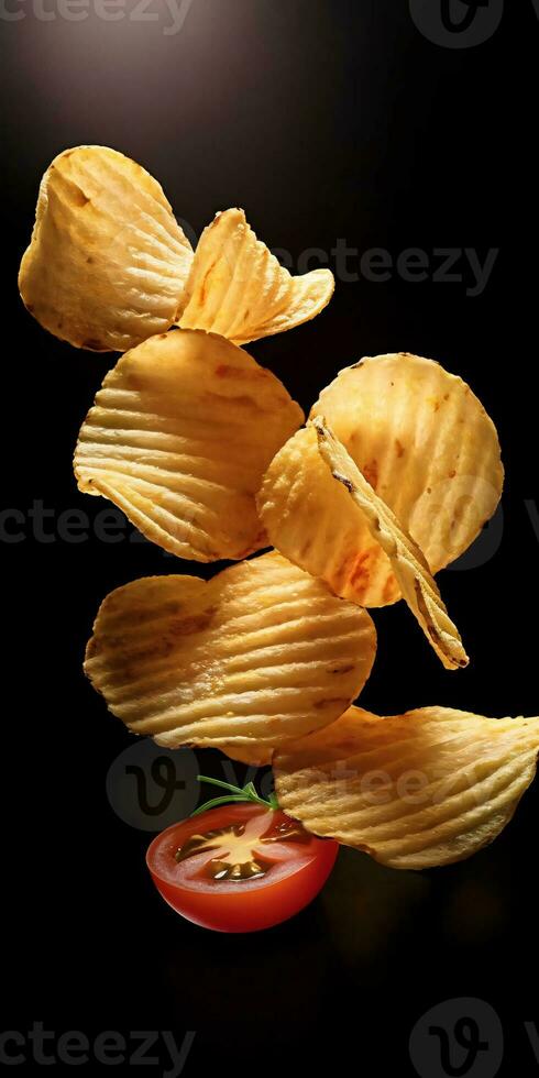 Wave cut potato chips flying in the air with cherry tomato on dark background. Created with Generative AI technology photo