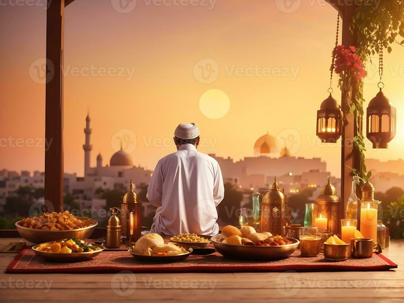 Muslim having iftar at sunset azan in holy Ramadan month with copy space banner, Generate Ai photo