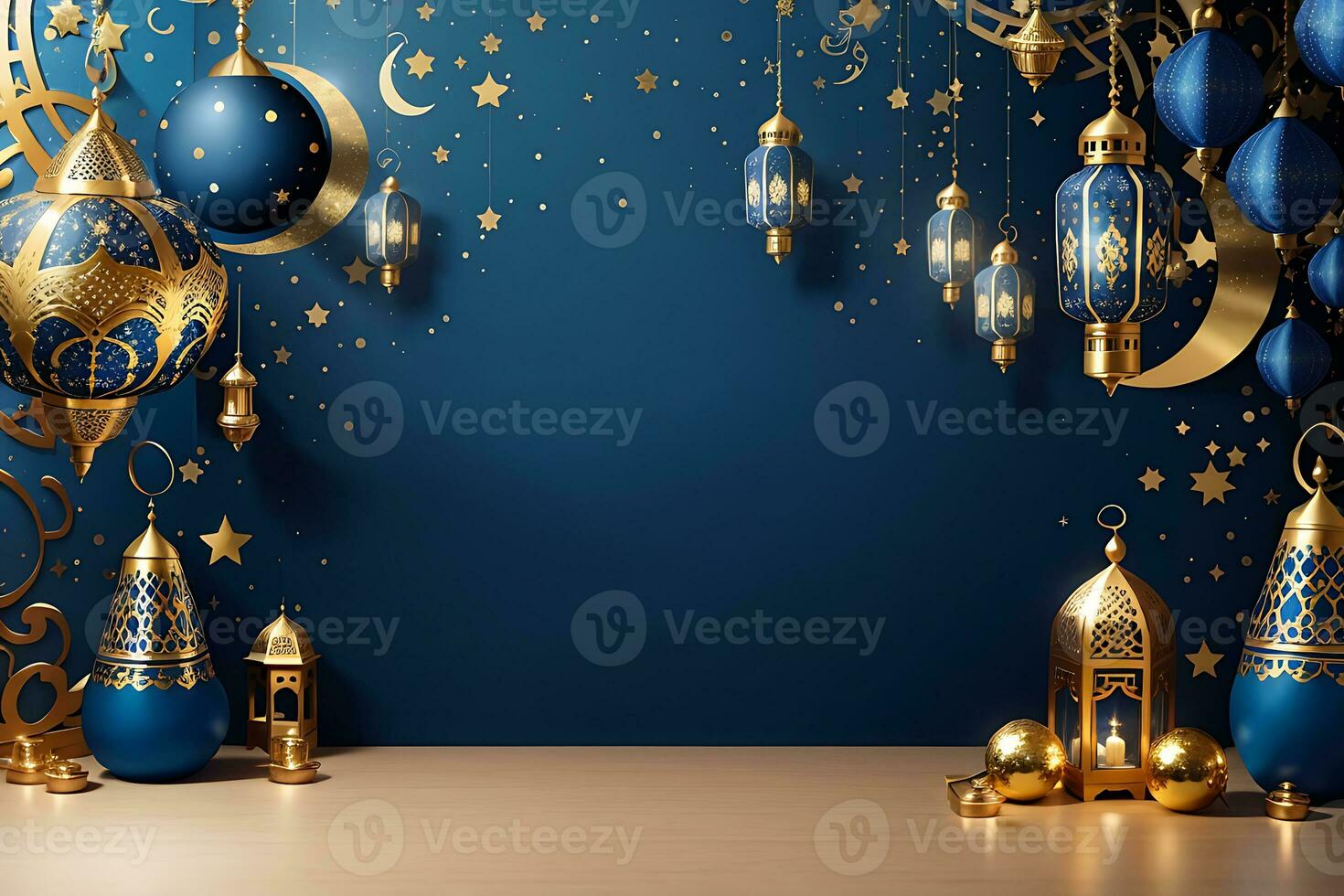 Ramadan greeting card of crescent moon decoration and lanterns with copy space area banner, Generate Ai photo