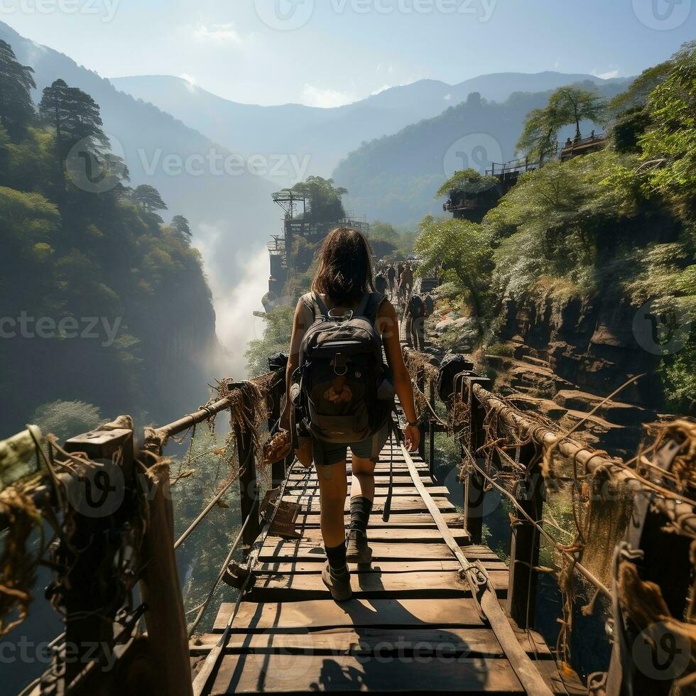 A backpacker crossing a rickety suspension bridge over a deep canyon generative ai photo