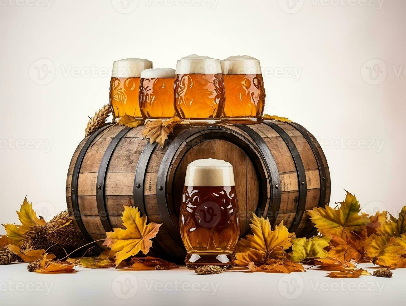 Beer glasses with beer barrel on isolated background generative ai photo