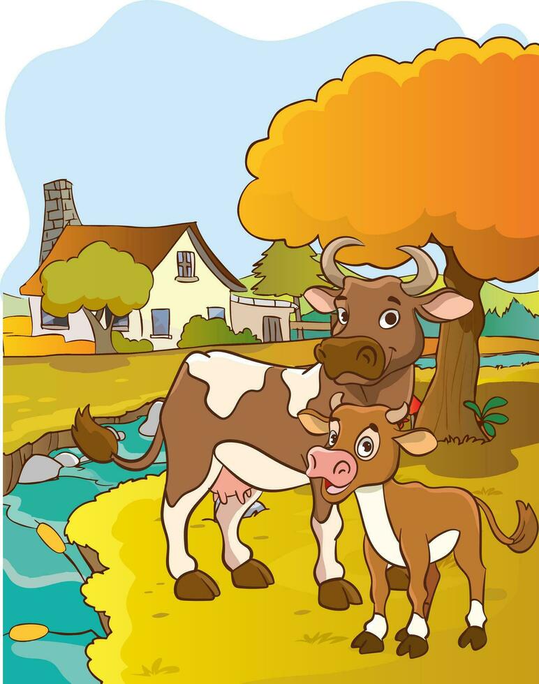 vector ilustración de pueblo paisaje y vaca