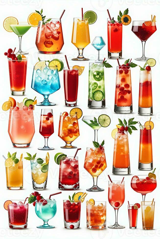 Alcohol Cocktail Mocktail. Many assorted different range types isolated on transparent background cutout. Generate Ai photo