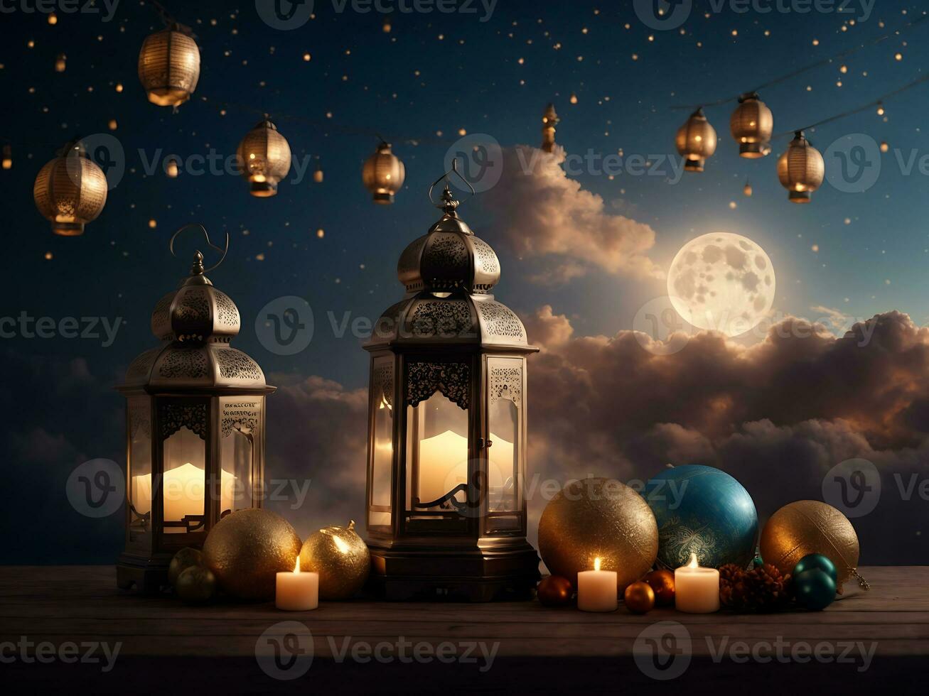 Happy eid ul fitr or eid ul adha  poster with a background of lanterns moon and clouds, 3d rendering photo