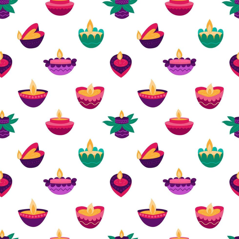 Diwali lamps vector seamless pattern. Flat style Diwali deepak festival lamps colored pattern