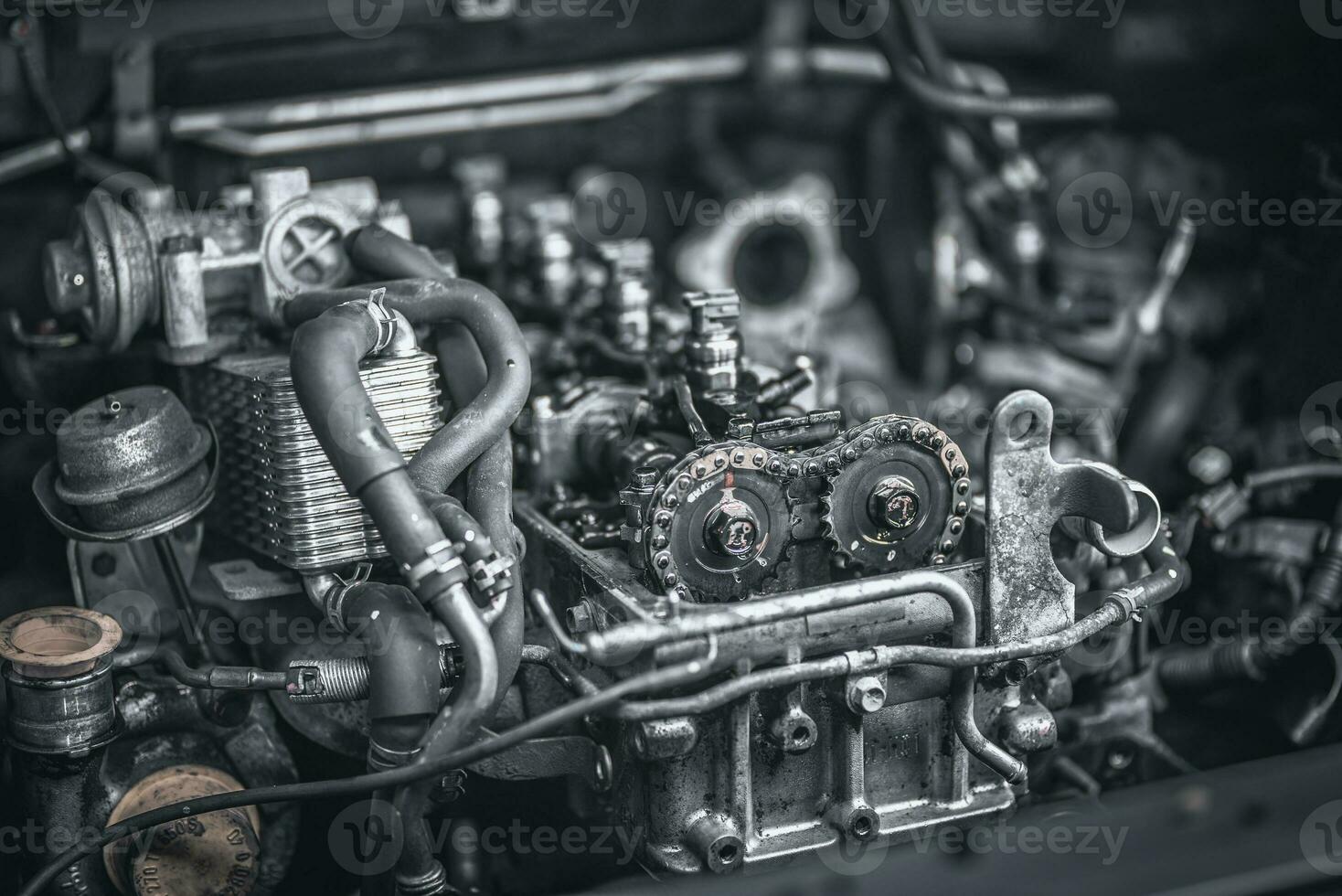 Car timing chain in cutaway engine photo