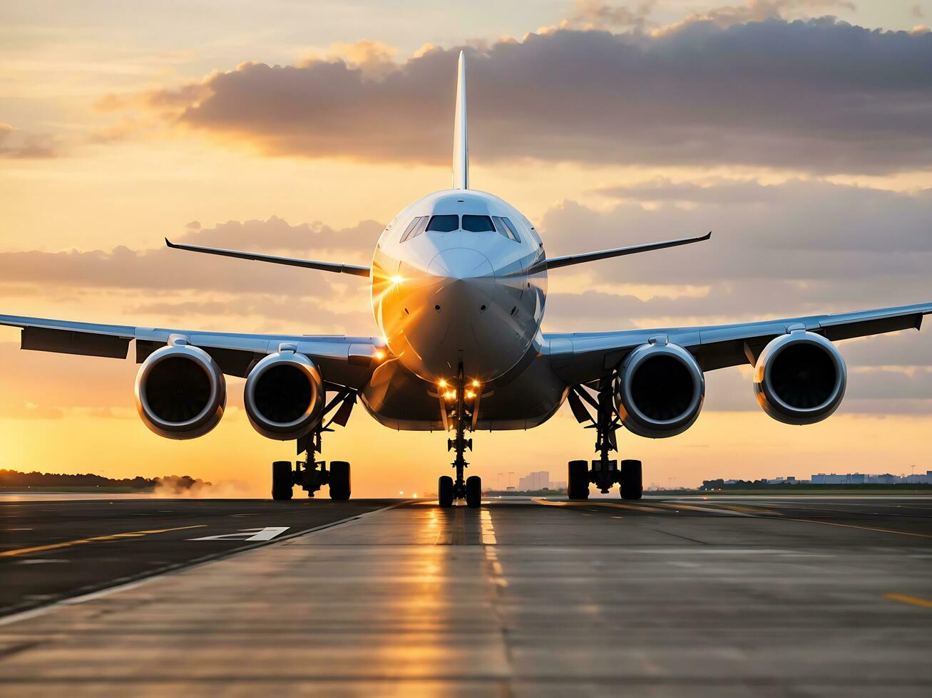 A large jetliner taking off from an airport runway at sunset or dawn with the landing gear down and the landing gear down, as the plane is about to take off, Generate Ai photo