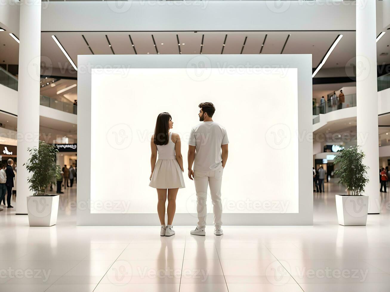 un Pareja hombre y un mujer en pie Al frente de un grande blanco Bosquejo blanco pantalla a un compras centro comercial o centro, generar ai foto