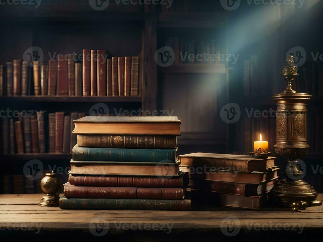 wide banner of old vintage library stack of antique books on old wooden table in fantasy medieval period with copy space, Generate Ai photo