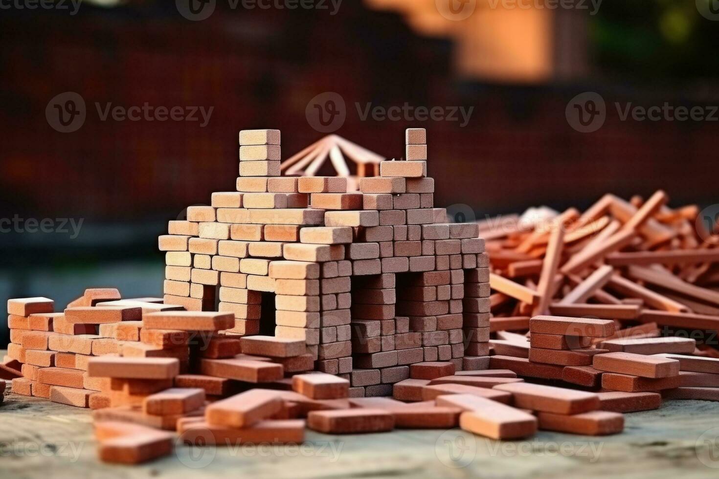 Building new house. Red bricks at construction site. Generative AI photo