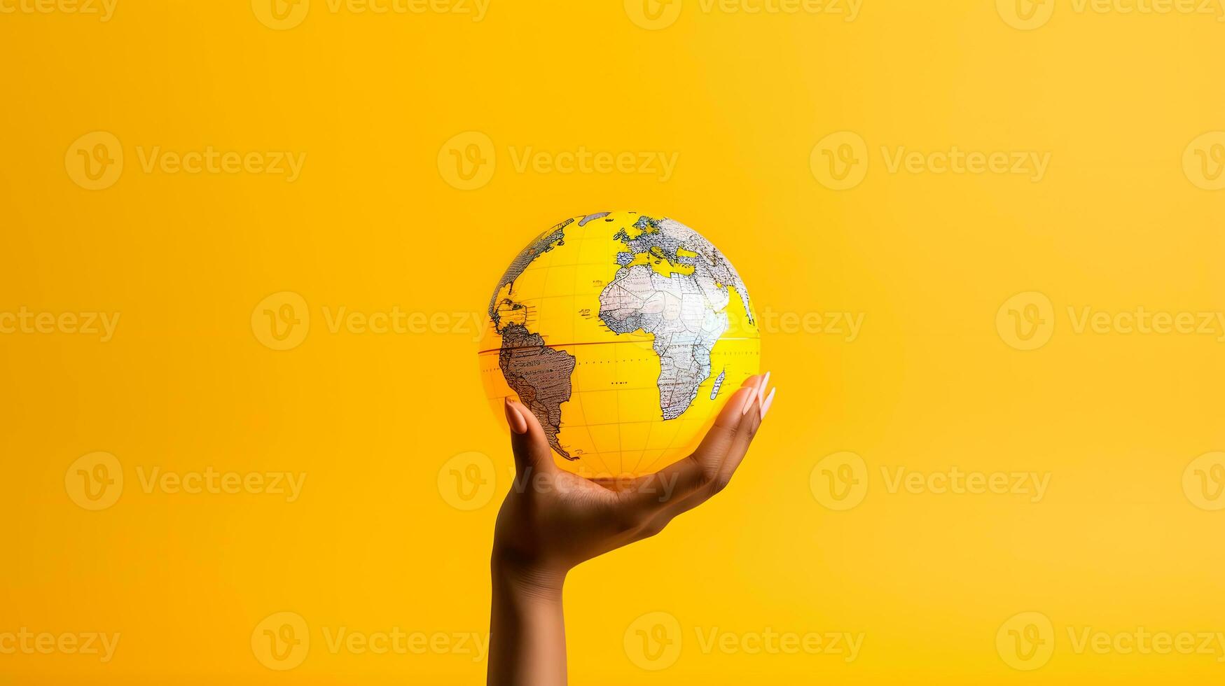 Womans hand holding a globe on a yellow background World environment day concept photo