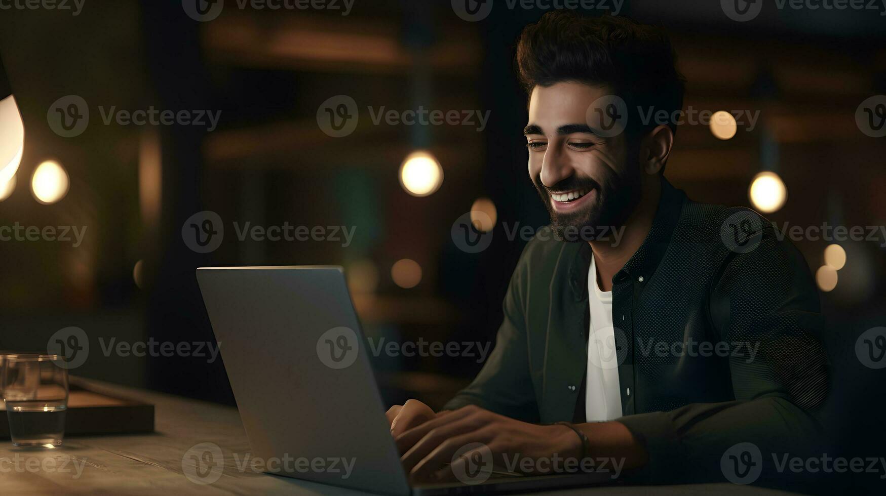 Cheerful bearded man using laptop while sitting in cafe at night photo