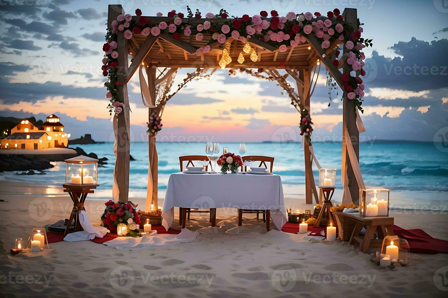 Romantic dinner table on the beach. Ai art, Generate Ai photo