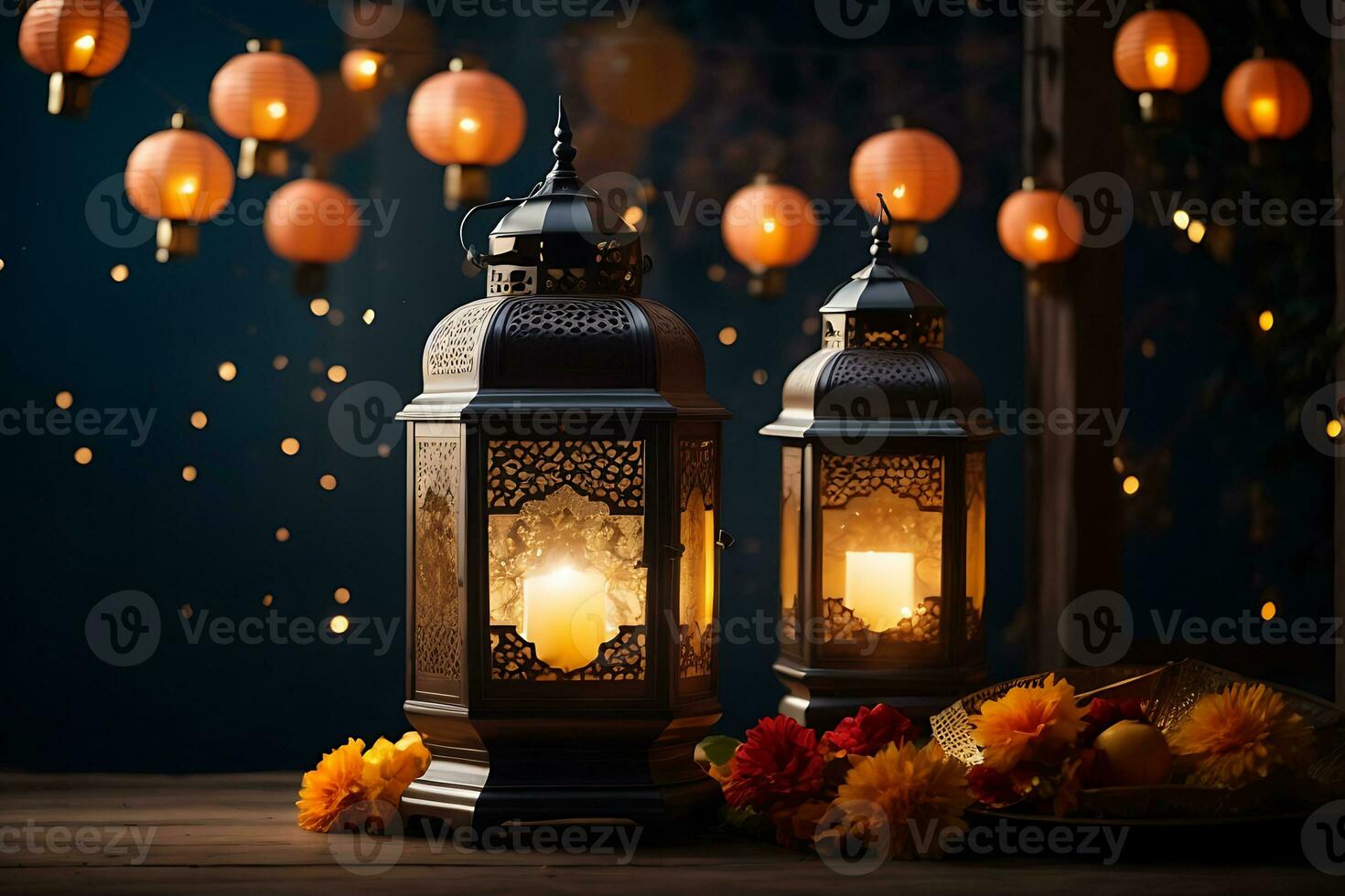 Happy eid ul fitr or eid ul adha  poster with a background of lanterns moon and clouds, 3d rendering photo