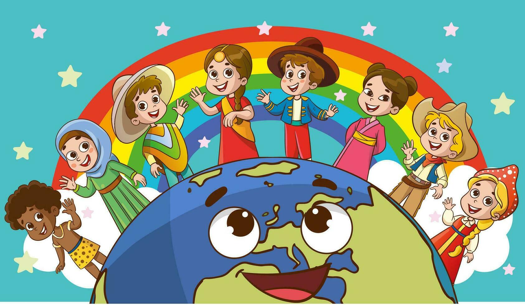 vector illustration of Circle Of Happy Children Different Races.multicultural kids and world.