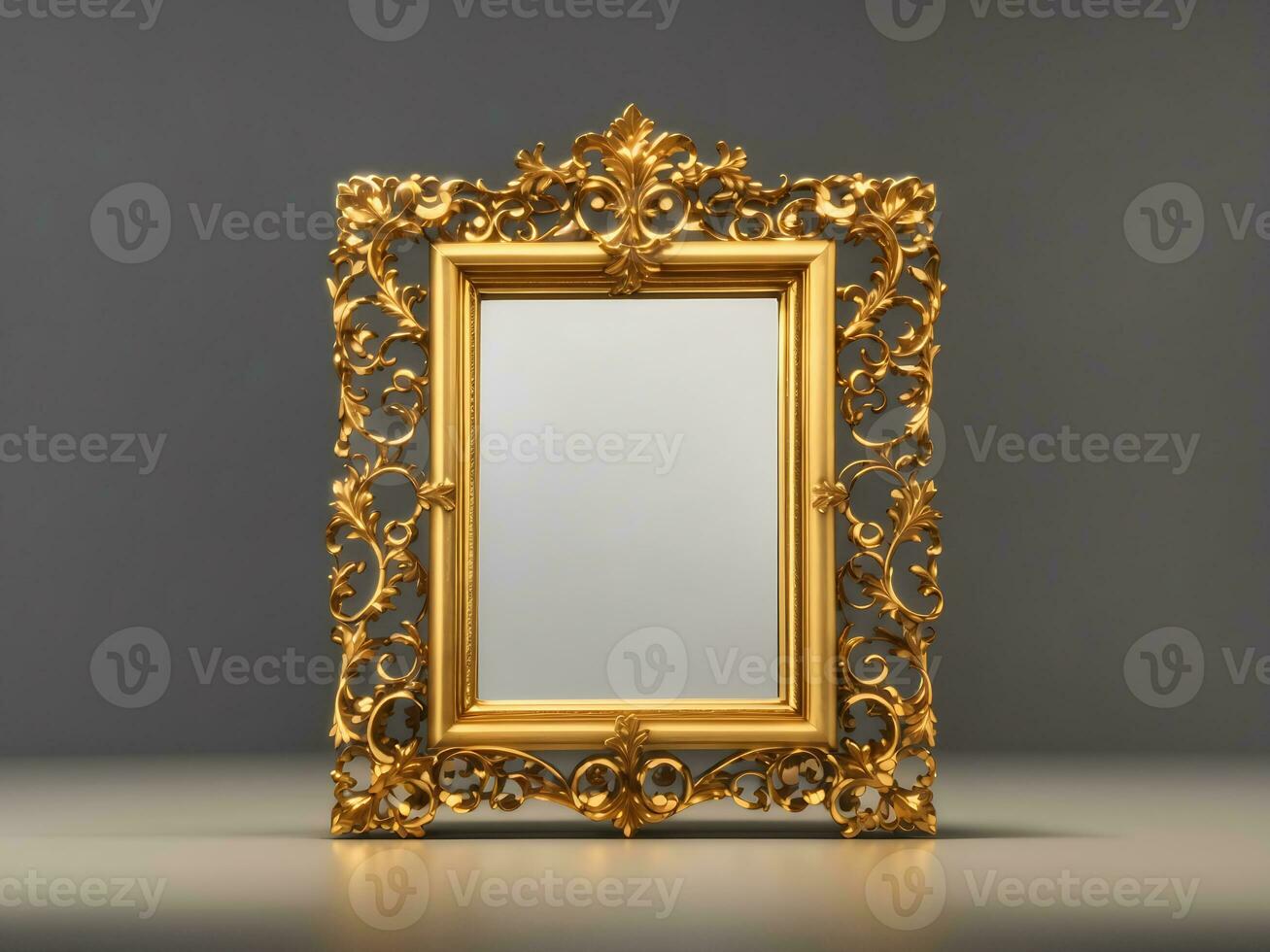 Gold antique rectangular picture or mirror frame, richly decorated. 3D looping animation with alpha matte. Front view, gently moving lights and reflections, Generate Ai photo