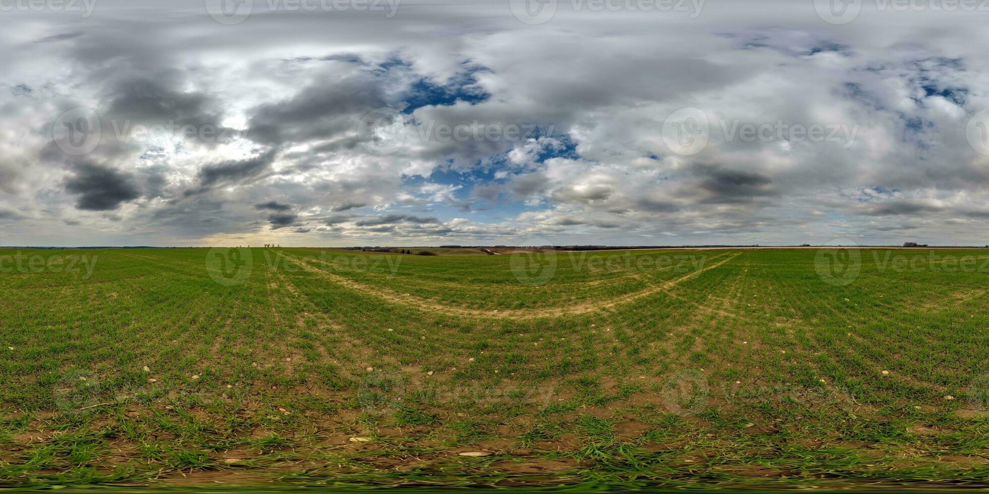 spherical 360 hdri panorama among green grass farming field with clouds on overcast sky in equirectangular seamless projection, use as sky dome replacement, game development as skybox or VR content photo