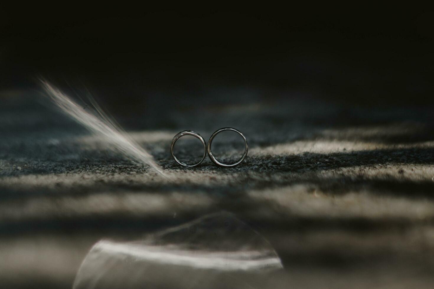 two rings sitting on the ground with a feather photo