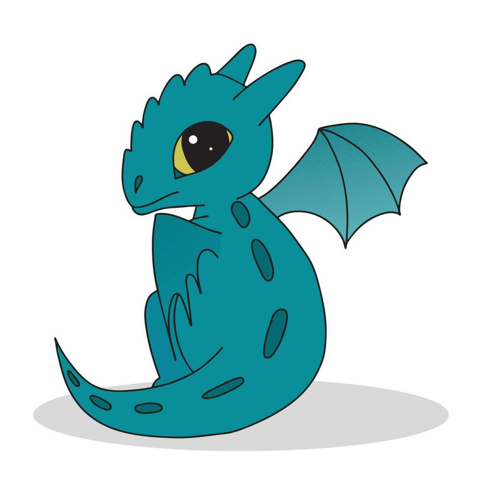 Little cute cartoon turquoise dragon with tail and wings. Funny fantasy character, young mythical reptile monster. Vector illustration on white background