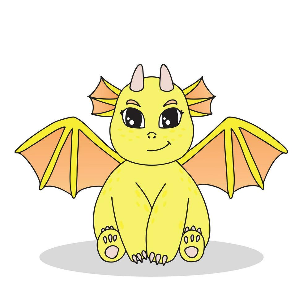 Little cute cartoon yellow dragon with horns and wings. Funny fantasy character, young mythical reptile monster. Vector illustration on white background