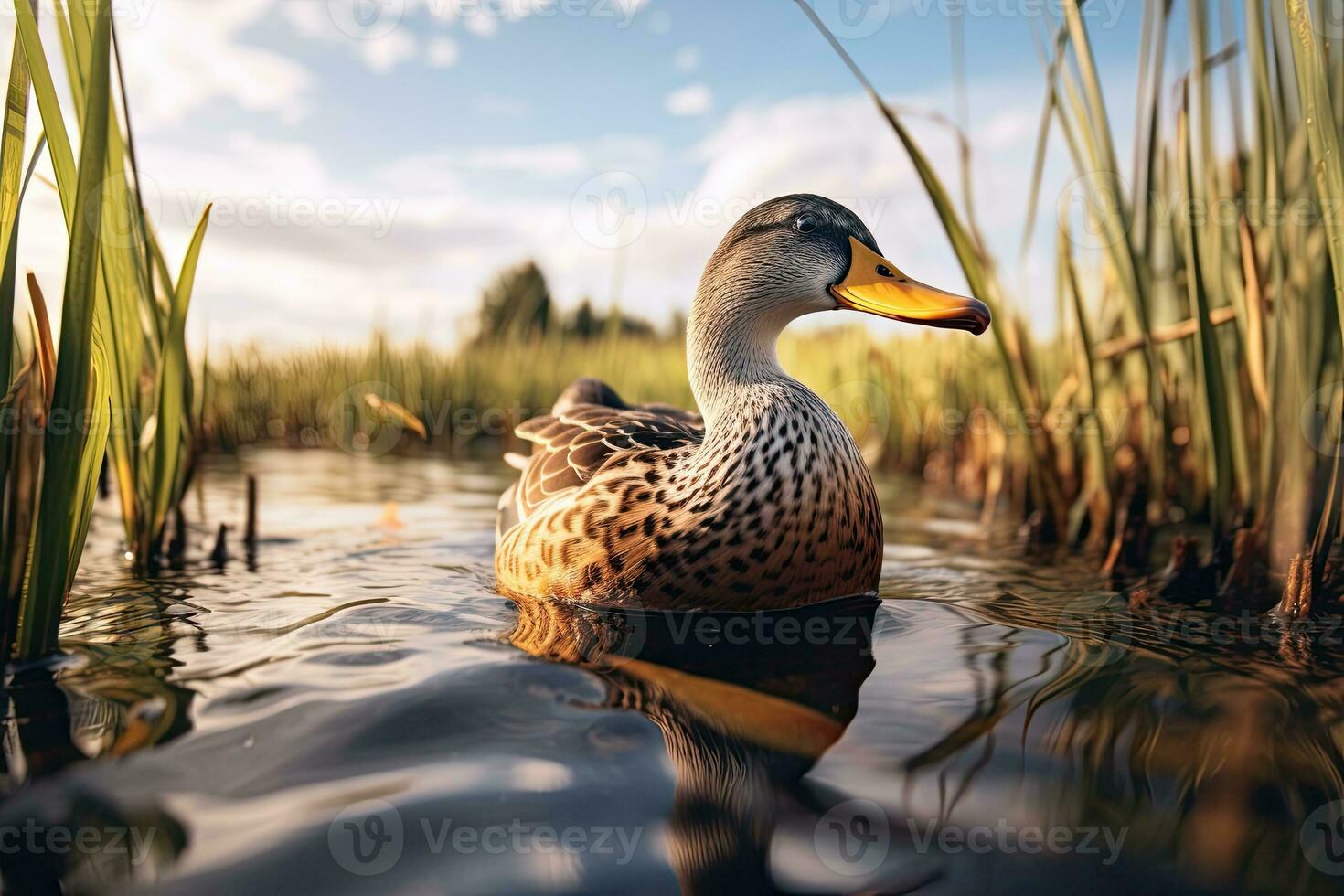 retrato de un pato real Pato nadando en un río ai generaivo foto