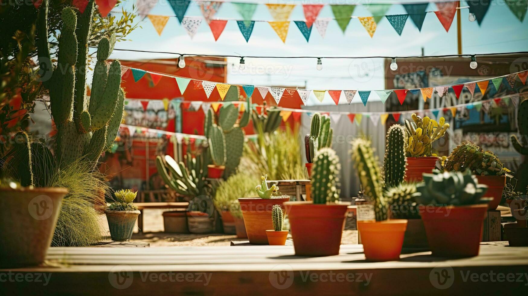 Portrait cactus on the pot with bunting AI Generative photo